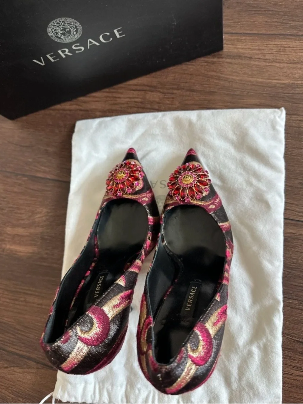 Versace Red, Gold & Black Brocade Pointed-Toe Jewel Pumps